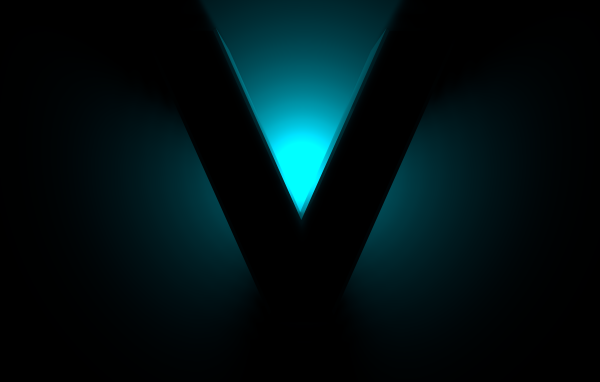 Большой черный знак V на синем фоне