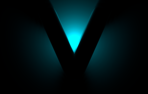 Большой черный знак V на синем фоне