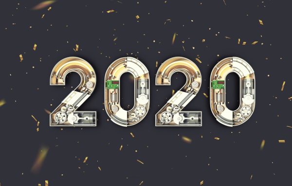 Большие механические цифры 2020 на сером фоне