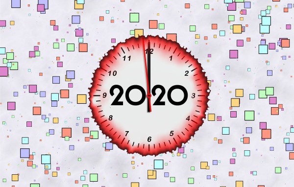 Clock with numbers 2020 on a background with squares