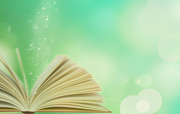 Волшебная открытая книга на голубом фоне