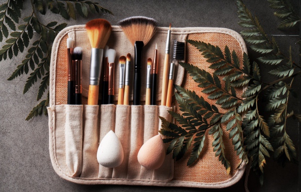 Makeup brushes in a case on a table with fern leaves