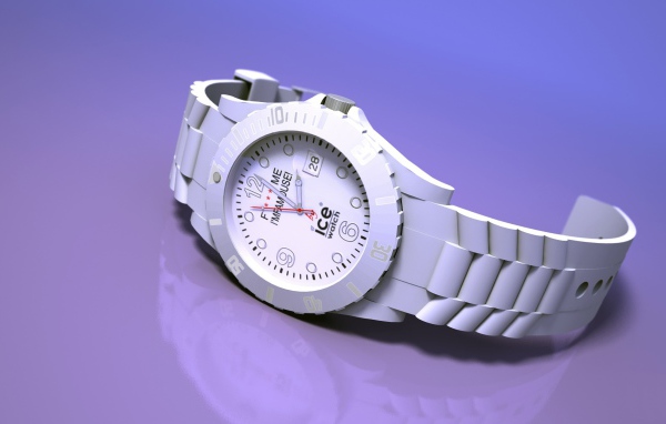 Белые наручные часы на сиреневом фоне