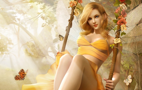 Красивая девушка эльф катается на качели