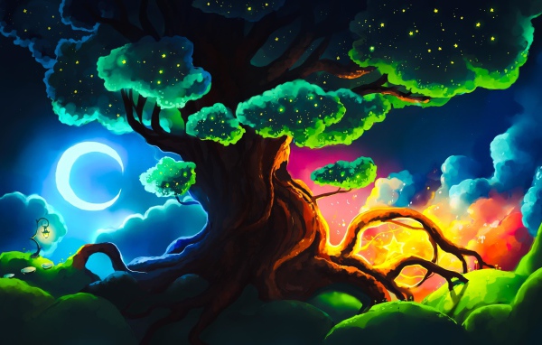 Большое фантастическое дерево ночью