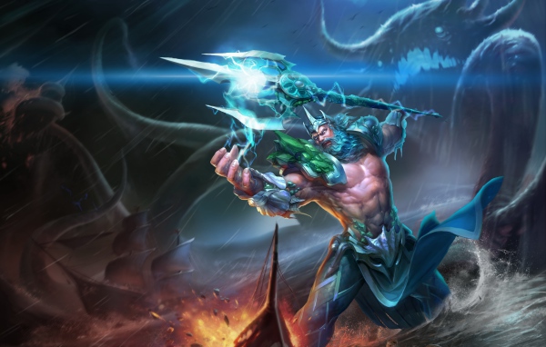 Грозный царь Посейдон в море с трезубцем