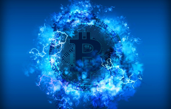 Bitcoin coin in neon fire on a blue background