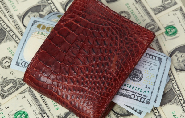 Кожаный кошелек с долларовыми купюрами