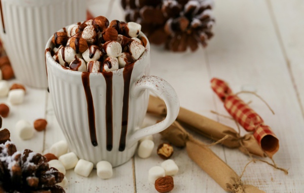Чашка горячего шоколада с маршмеллоу и корицей 