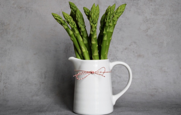Зеленая спаржа в белой вазе на фоне серой стены