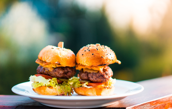 Гамбургеры с сочной котлетой на тарелке 