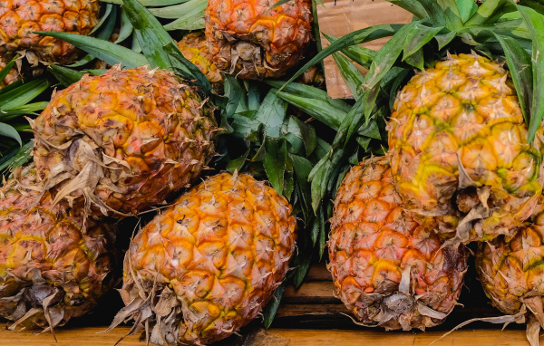 Много больших спелых ананасов на столе 