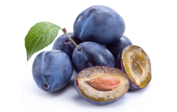 Спелые синие сливы на белом фоне