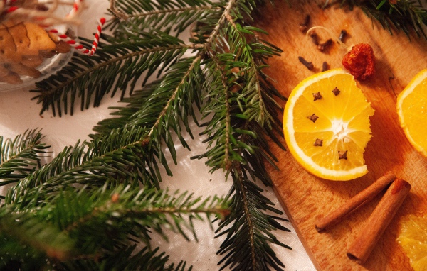 Еловая ветка с кусочками апельсина, корицей и гвоздикой 