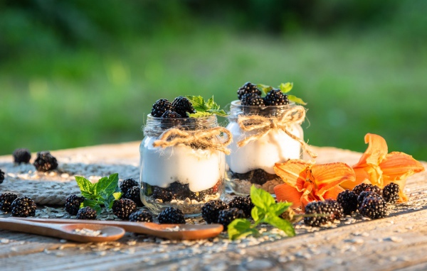 Blackberries in jars of yogurt