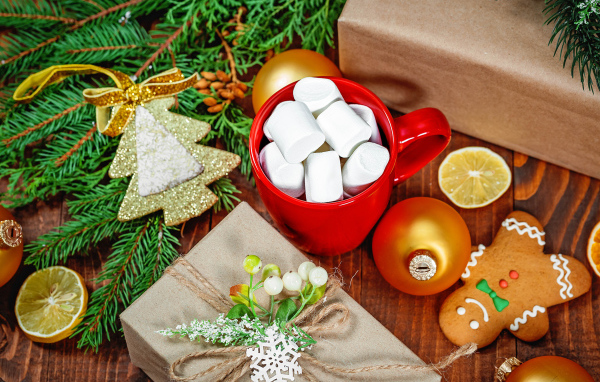 Чашка с маршмеллоу на столе с подарком, печеньем и еловой веткой