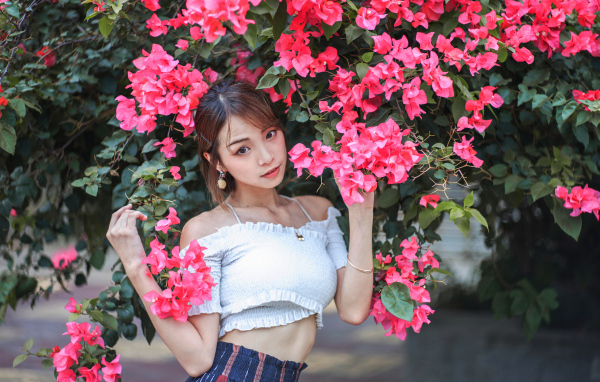 Красивая азиатка стоит у дерева с красными цветами