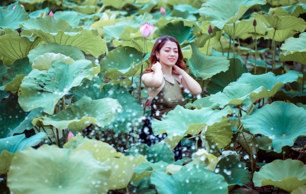 Красивая девушка азиатка в зеленых листьях лотоса 