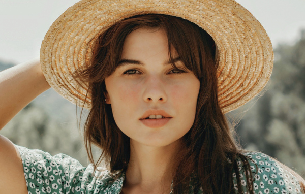 Красивая кареглазая брюнетка в шляпе 