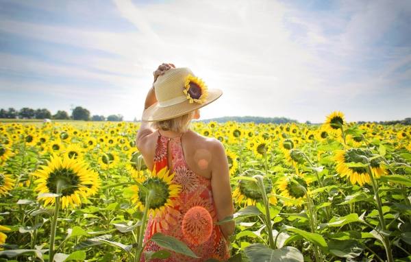 Красивая девушка в шляпке на поле с подсолнухами летом