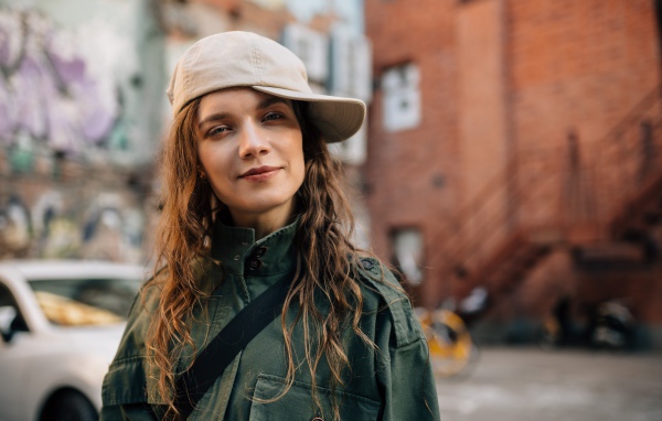 Молодая модная девушка в кепке в городе