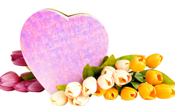Коробка в форме сердца и букет тюльпанов на белом фоне на 8 марта