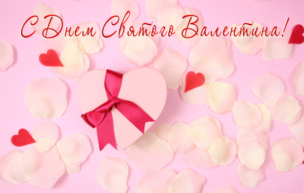 Подарок и лепестки розовой розы открытка С Днем Святого Валентина