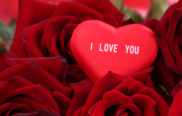 Маленькое сердце лежит на букете красных роз 