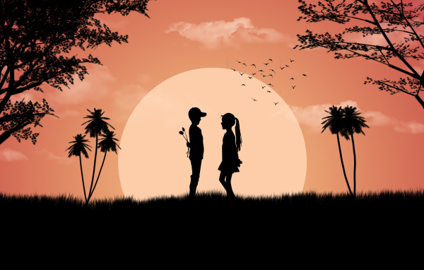 Влюбленная пара на фоне большой луны