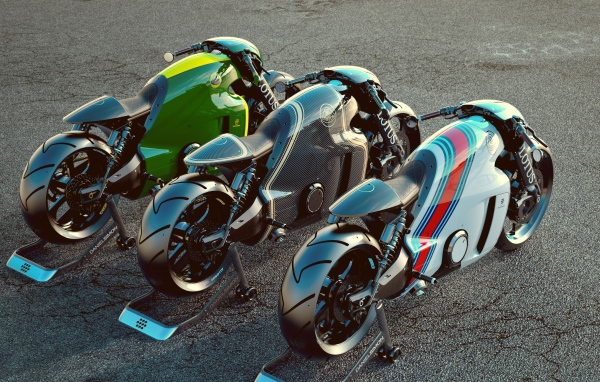 Three Lotus C01 motorcycles on the pavement