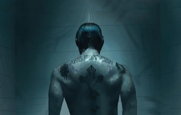Movie character John Wick with tattoos on his back