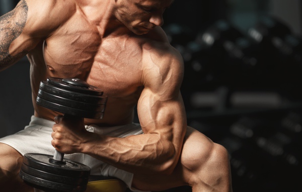 Сильный мужчина качает мускулы гантелей 