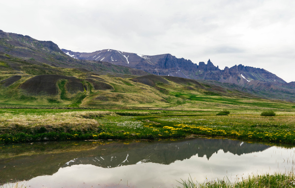 Озеро у холмов с зеленой травой в горах