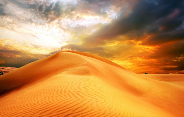 Закат солнце над барханом в пустыне 