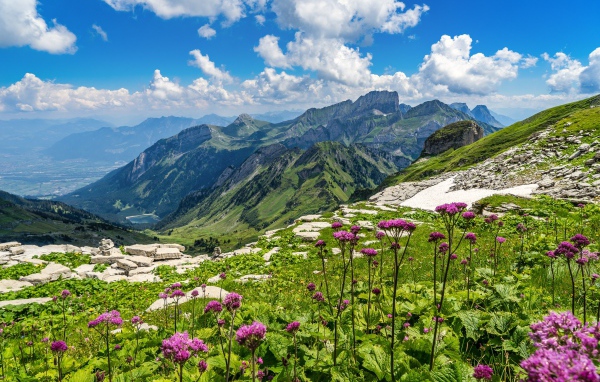 Красивая живописная природа у гор под голубым небом с белыми облаками