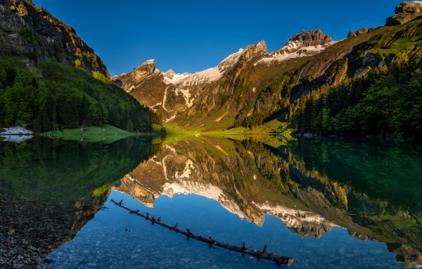 Чистая вода в озере у подножия гор, Швейцария 
