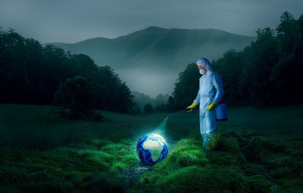 Мужчина обрабатывает землю от вирусов