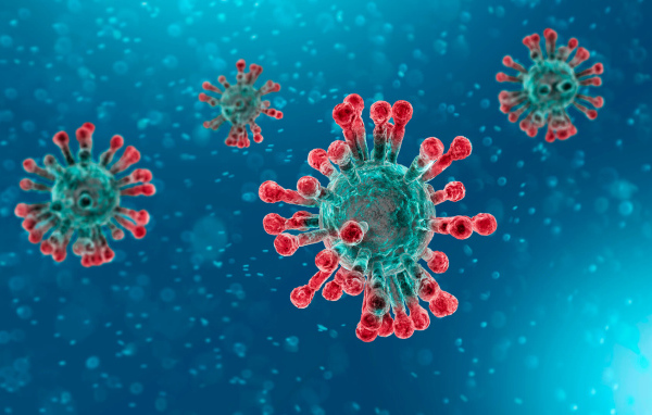 Страшные бактерии коронавируса COVID-19 на голубом фоне