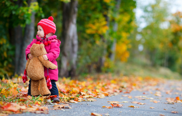 Маленькая девочка с медвежонком на дороге осенью 
