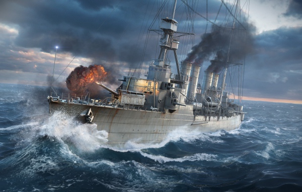 Военный линкор в море во время шторма 