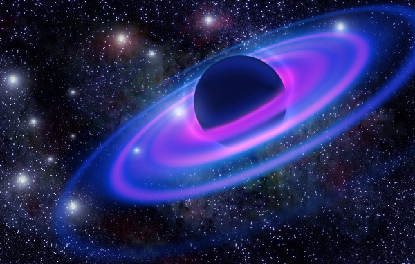 Большая планета с неоновыми кольцами в звездном небе 