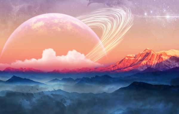 Фантастическое небо с планетами над заснеженными горами