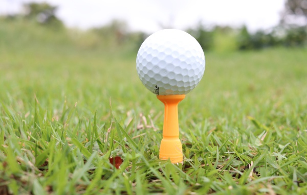 Мячик для гольфа на поле с зеленой травой 