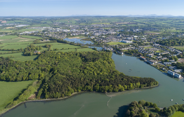 Вид на город и реку у леса с высоты, Исландия