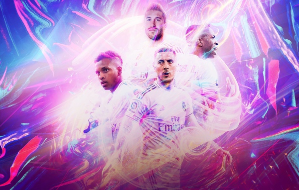 Футболисты из клуба Real Madrid на разноцветном фоне