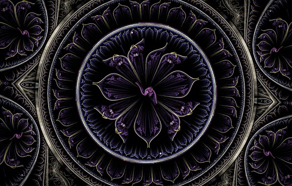 Красивый фиолетовый фрактальный рисунок с золотыми линиями