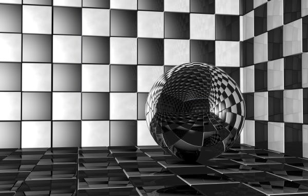 Стеклянный шар в комнате с черно-белыми стенами 3д графика