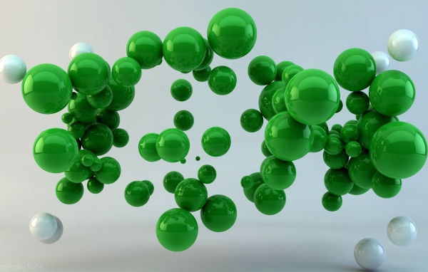 Зеленые шары в воздухе на сером фоне 3д