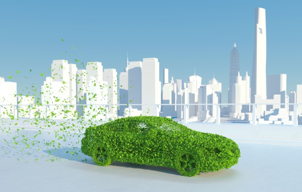 Зеленый автомобиль из листьев на фоне города 3д модель