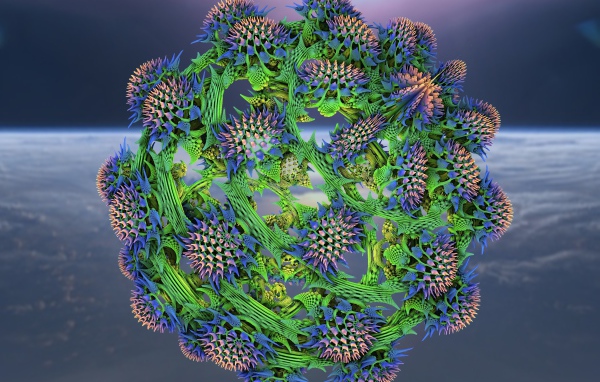 Большой колючий фрактальный цветок на сером фоне